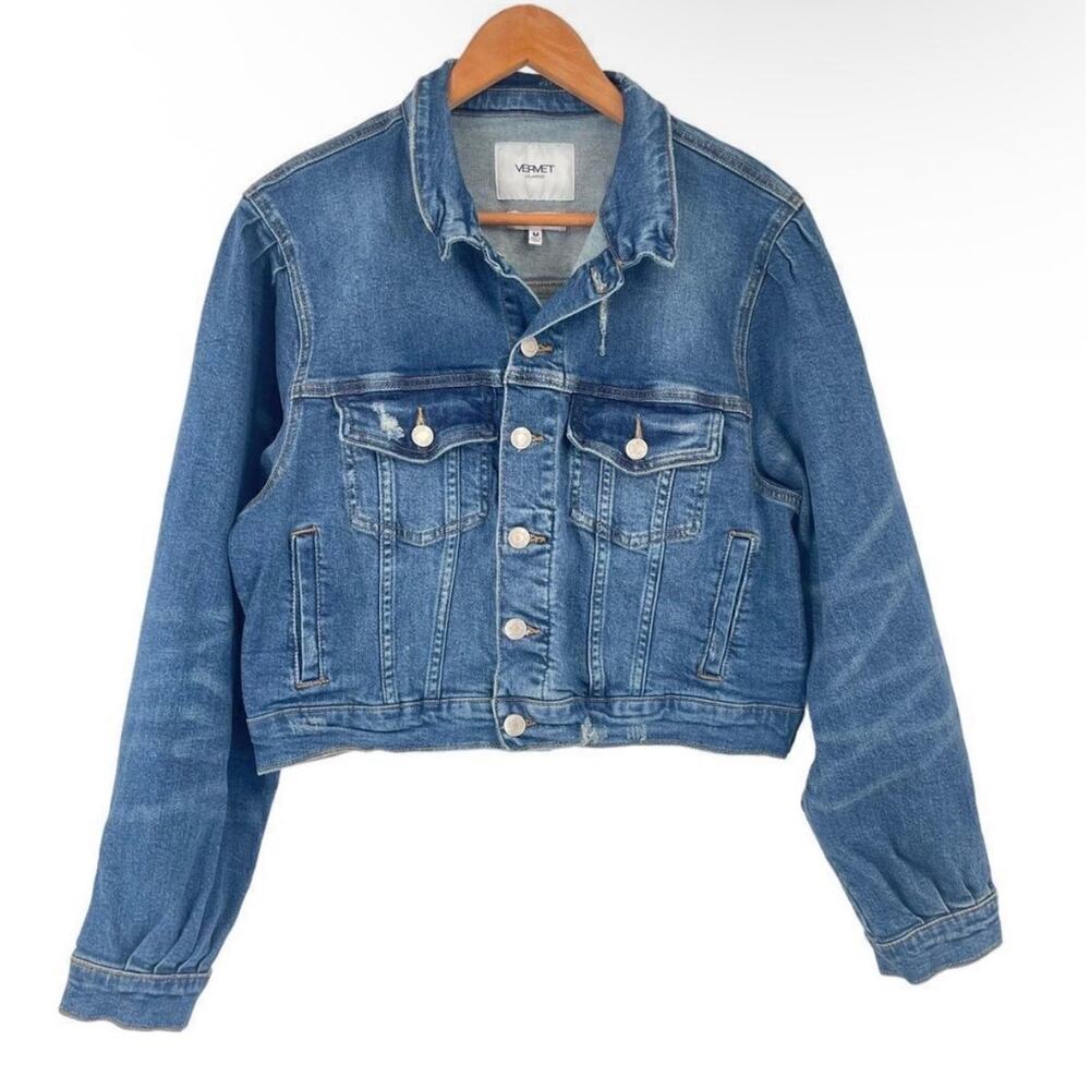 VERVET Puff Sleeve Cropped Denim Trucker Jacket Medium Blue Distressed - Picture 2 of 9